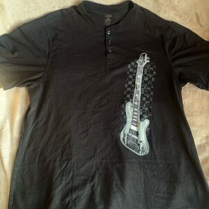 Premier Black Button Henley T-Shirt with White Guitar Graphic Vintage Men’s XL